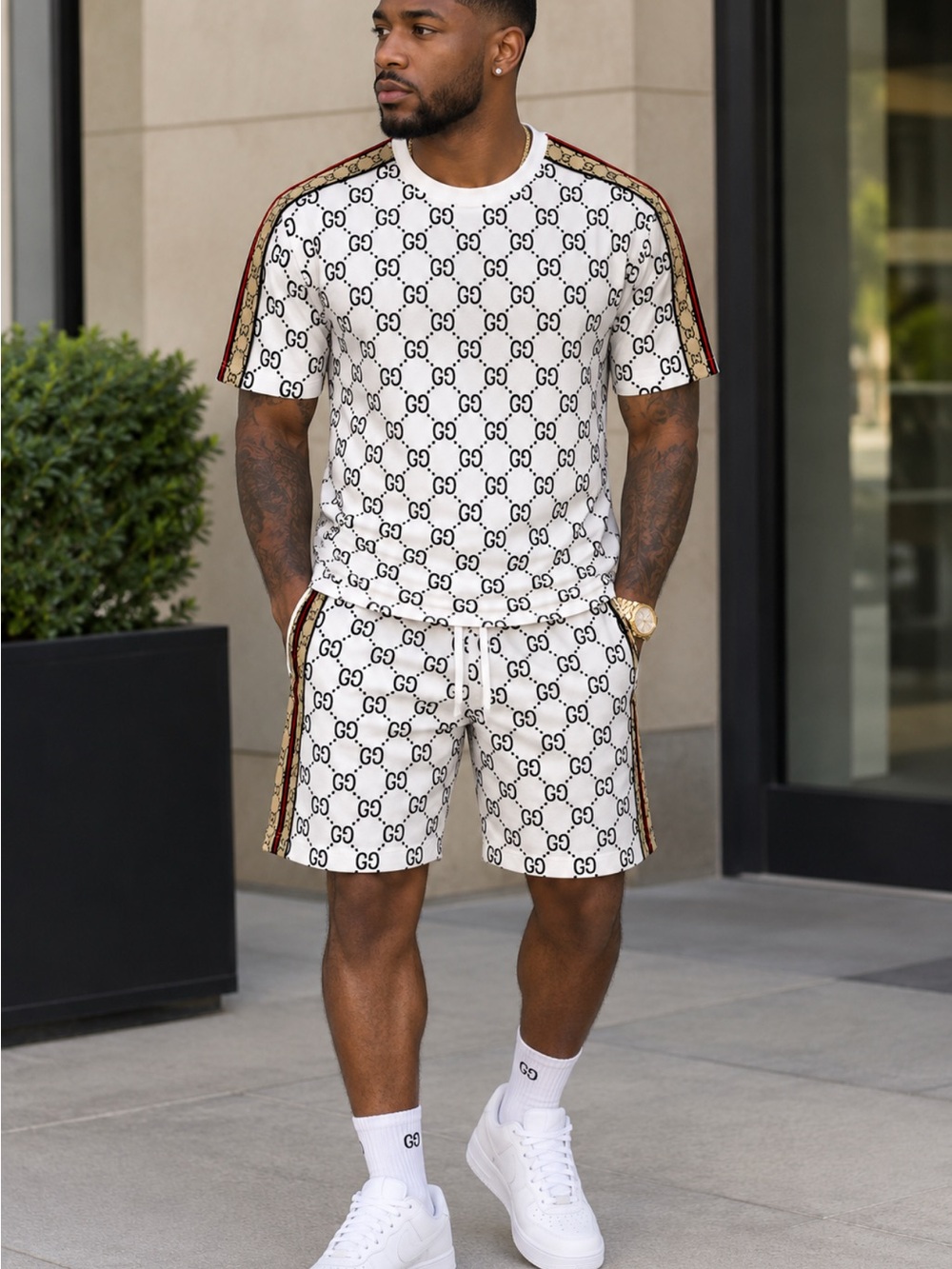 Brand New Men's White Monogram Shorts with Side Stripe